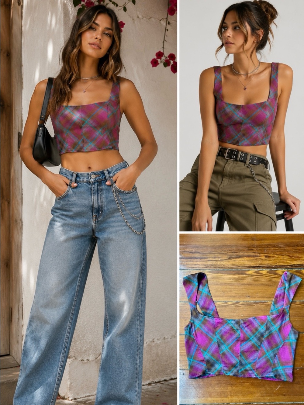 NWT Urban Outfitters Adina Plaid Square Neck Corset Style Crop Top Size XL💛
